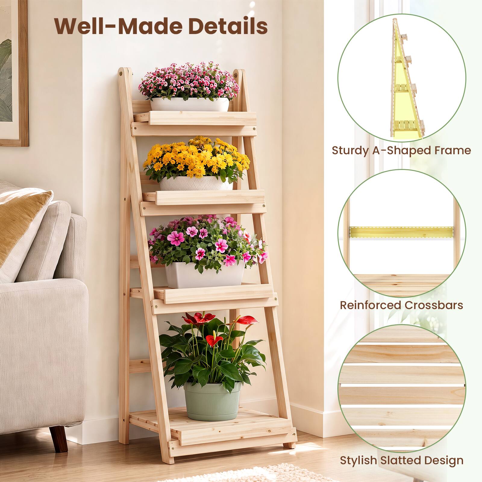 Well-Made Details

Sturdy A-Shaped Frame

Reinforced Crossbars

Stylish Slatted Design