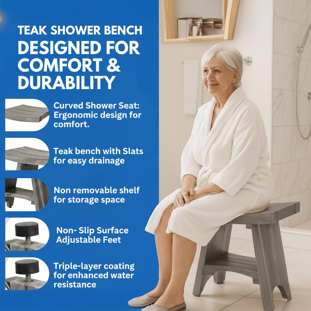 TEAK SHOWER BENCH  
DESIGNED FOR COMFORT & DURABILITY

- Curved Shower Seat: Ergonomic design for comfort.
- Teak bench with Slats for easy drainage
- Non removable shelf for storage space
- Non-Slip Surface Adjustable Feet
- Triple-layer coating for enhanced water resistance