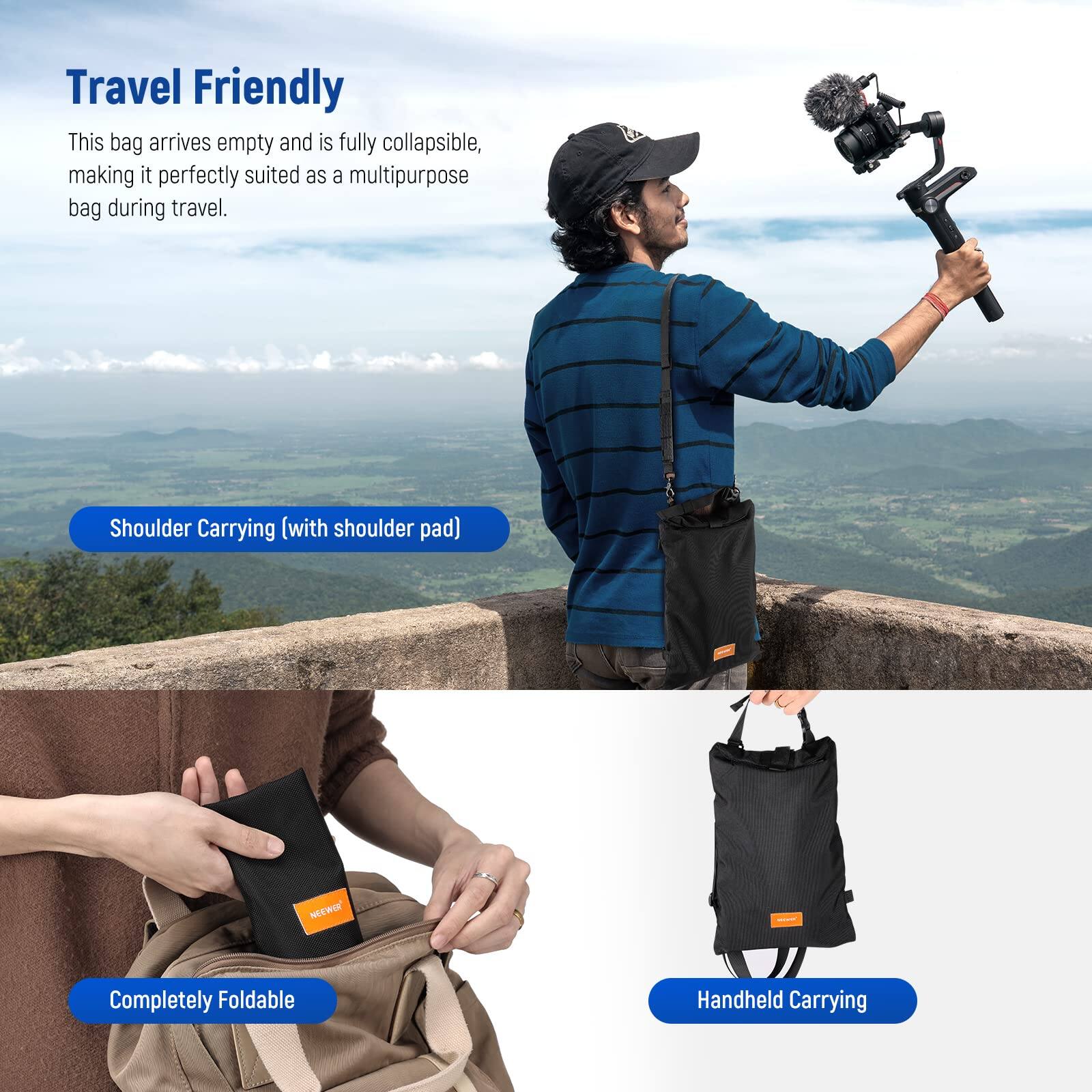 Travel Friendly  
This bag arrives empty and is fully collapsible, making it perfectly suited as a multipurpose bag during travel.

- Shoulder Carrying (with shoulder pad)
- Completely Foldable
- Handheld Carrying