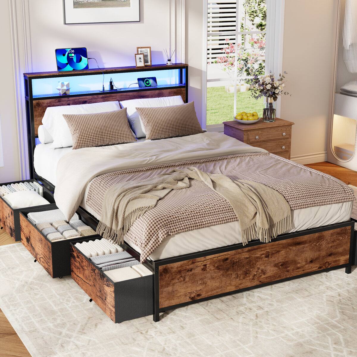 Angle. Furnulem - Platform Bed with 6 Drawers and Open Storage Headboard Adjustable LED Light and Charging Station - Brown.