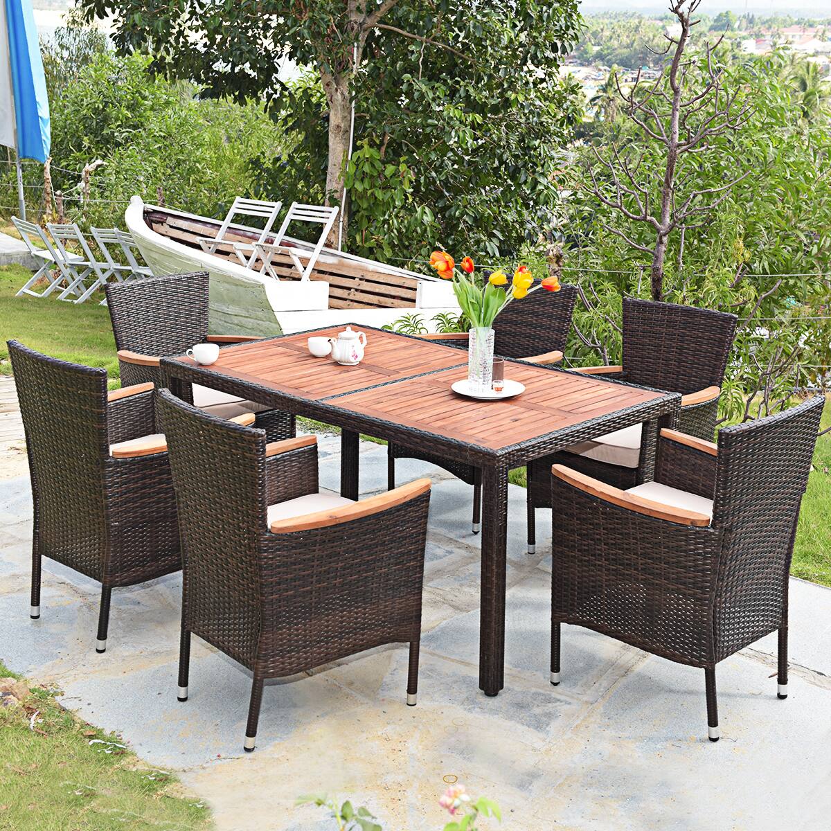 Alt View 9. Gymax - Gymax 7pcs Patio Rattan Dining Set 6 Stackable Cushioned Chairs Patio - as pic.
