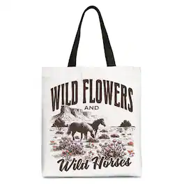 OrnamentallyYou - Wild Flowers and Wild Horses Canvas Tote Bag, Retro Western Gift for Free-Spirited Women - White Black