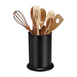 Unique Bargains - Kitchen Utensil Holder, 5"x6.5" Round Plastic with Drain Hole for Straw Spoon Chopstick - Black