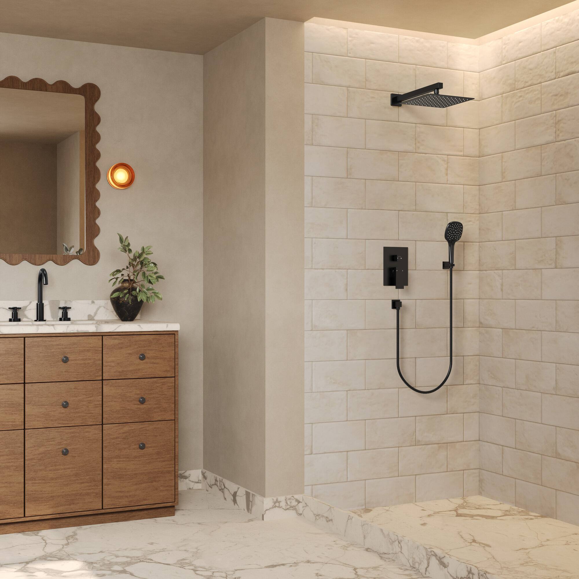 Alt View 1. GRANDJOY - Thermostatic Shower Faucet Set with 10" Rain Shower Head and Handheld Sprayer for Wall Mounted Installation - Matte Black.