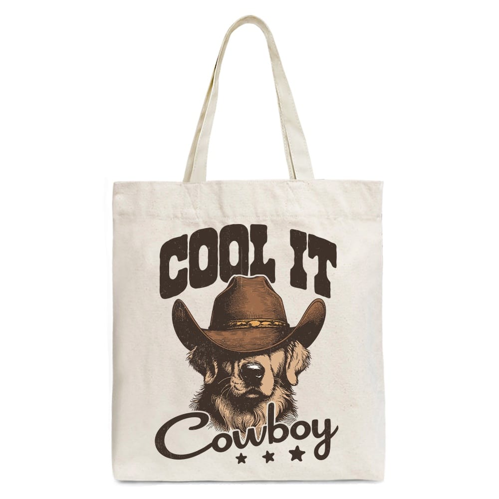 OrnamentallyYou - Cool It Cowboy Canvas Tote Bag With Western Dog, Retro Golden Retriever Gift Shopper for Country Lover - Beige