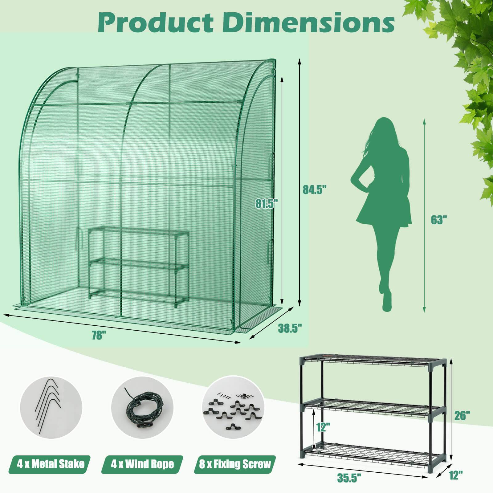 Product Dimensions

81.5"  
84.5"  
63"  
78"  
38.5"  
12"  
26"  
35.5"  

4 x Metal Stake  
4 x Wind Rope  
8 x Fixing Screw
