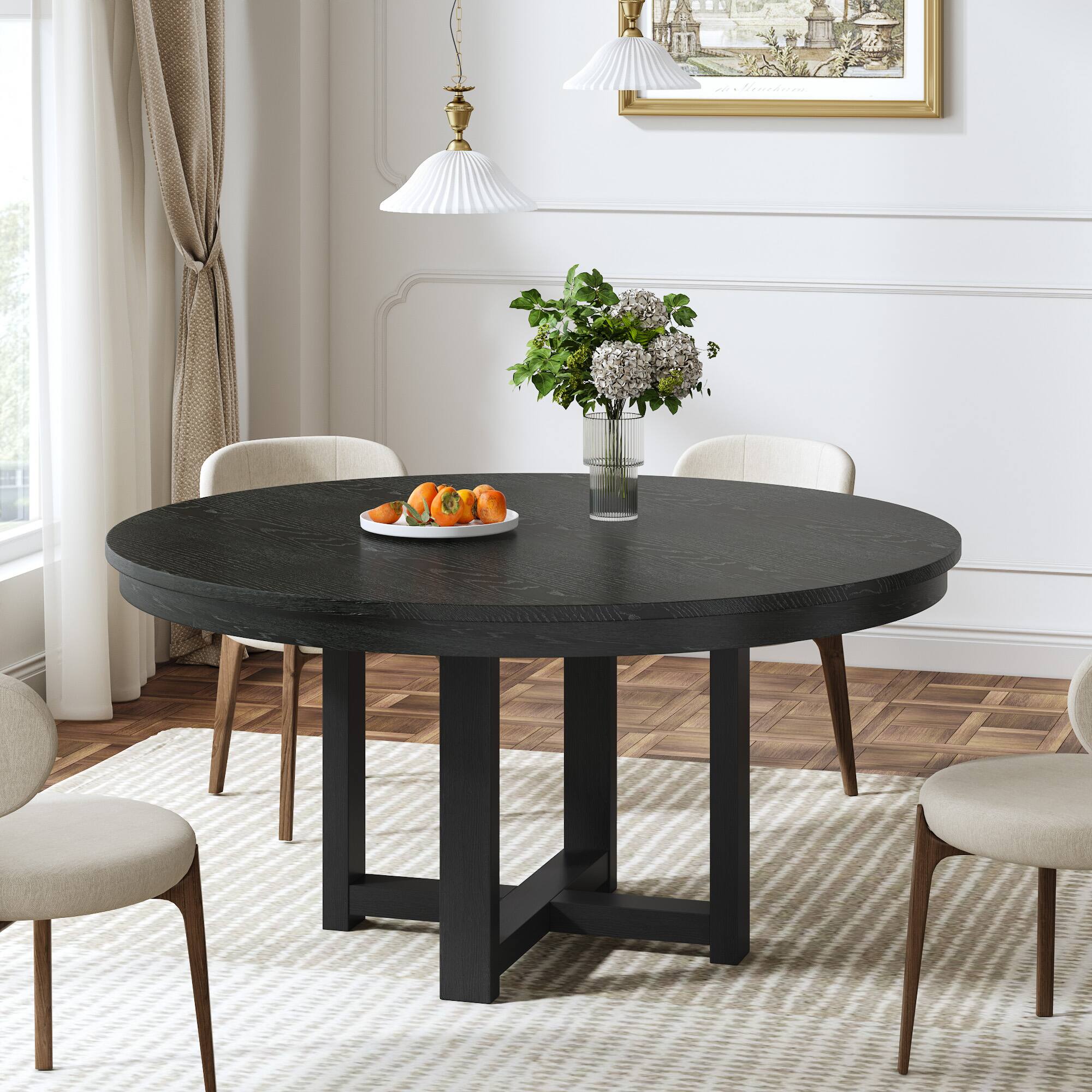 Angle. Lirago - 52" Solid Wood Round Dining Table with Double Pedestal Large Kitchen Table Seats 6 for Dining Room - Black.