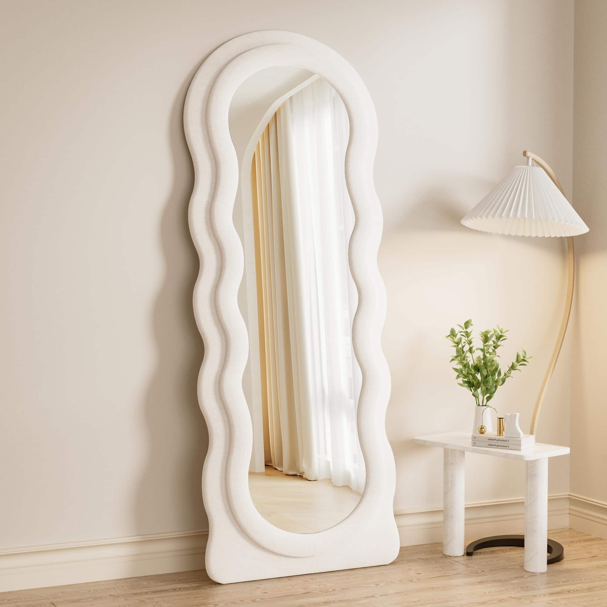 Hanke - Full Length Mirorr Mirror Irregular Wall Mounted Standing Floor With Flannel Wavy Body Hanging Or Bedroom - Wavy - White