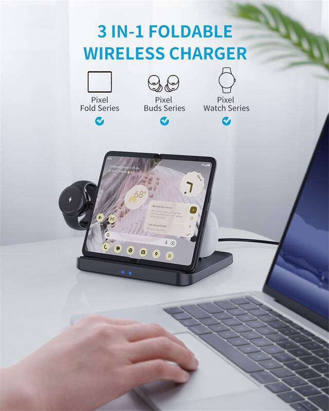 3 IN-1 FOLDABLE WIRELESS CHARGER

Pixel Fold Series
Pixel Buds Series
Pixel Watch Series

68°
88 Murning d
10A8 1hE

Coree P