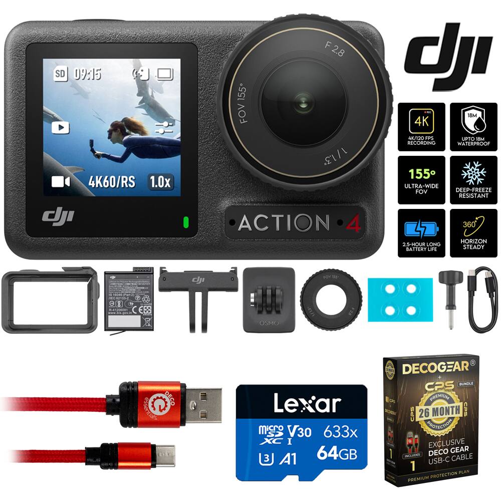 SD 09:15 4K60/RS 1.0x dJI F2.8 155 FOV 1/1.3" ACTION 4 d 18M 4K 4K/120 FPS UPTO 18 RECORDING WATERPROOF 155 ULTRA-WIDE FOV DEEP-FREEZE RESISTANT 360 HORIZON 5-HOUR LONG BATTERY LIFE STEADY

j sUY a 16045

G(8) E83 OSMO JSSo DECO CT Lexar micro V30 633x I 3 A1 64GB DECOGEAR CPS BUNDLE PREMIUM CPS 26 MONTH PROTECTION EXCLUSIVE 1 DECO GEAR INCLUES CABLE USB-C 1 PLAN