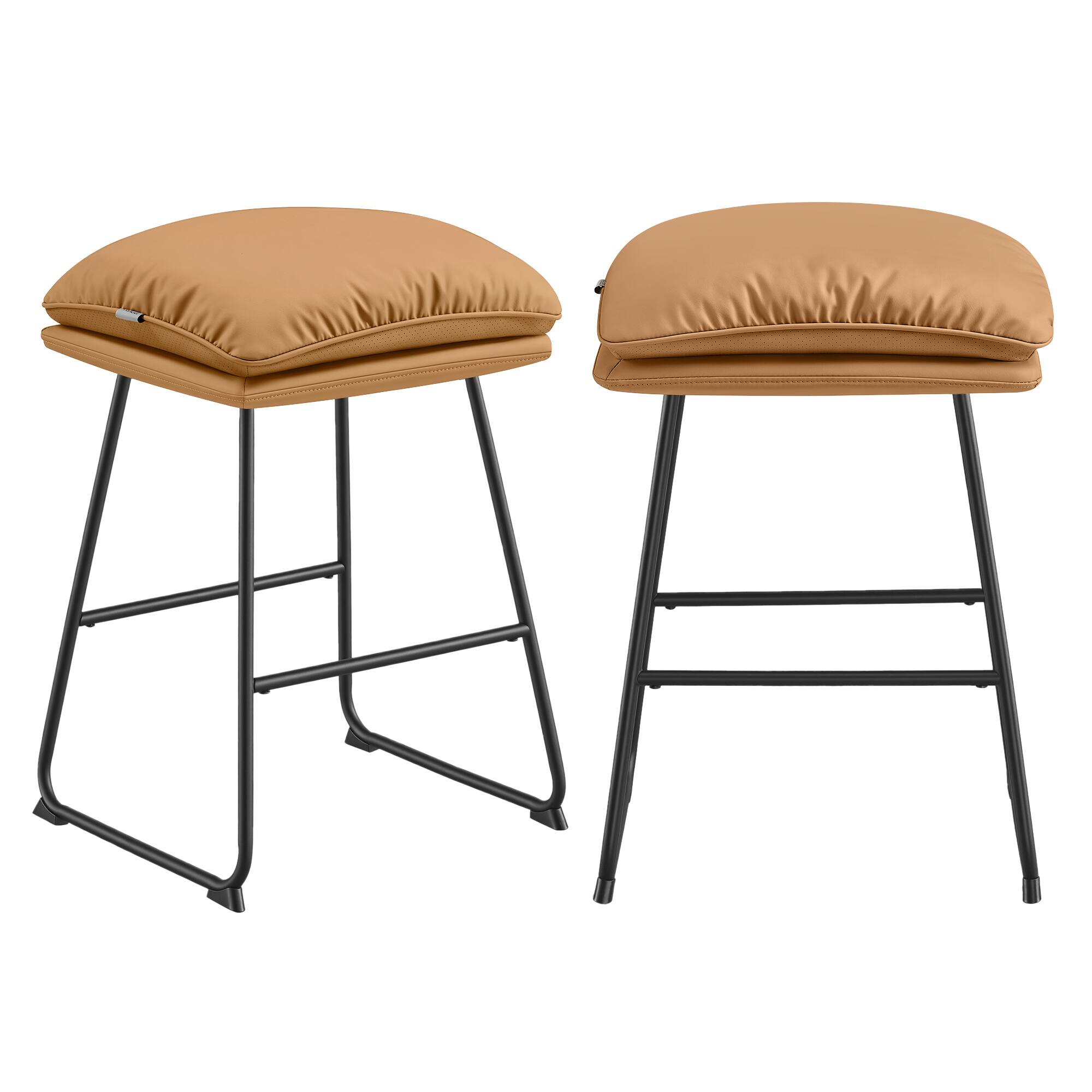 Front. Songmics Home - Bar Stools Set of 2, Counter Height Bar Stools, Leather Counter Stools Barstools with Soft Cushion and Metal Sled Legs - Caramel.