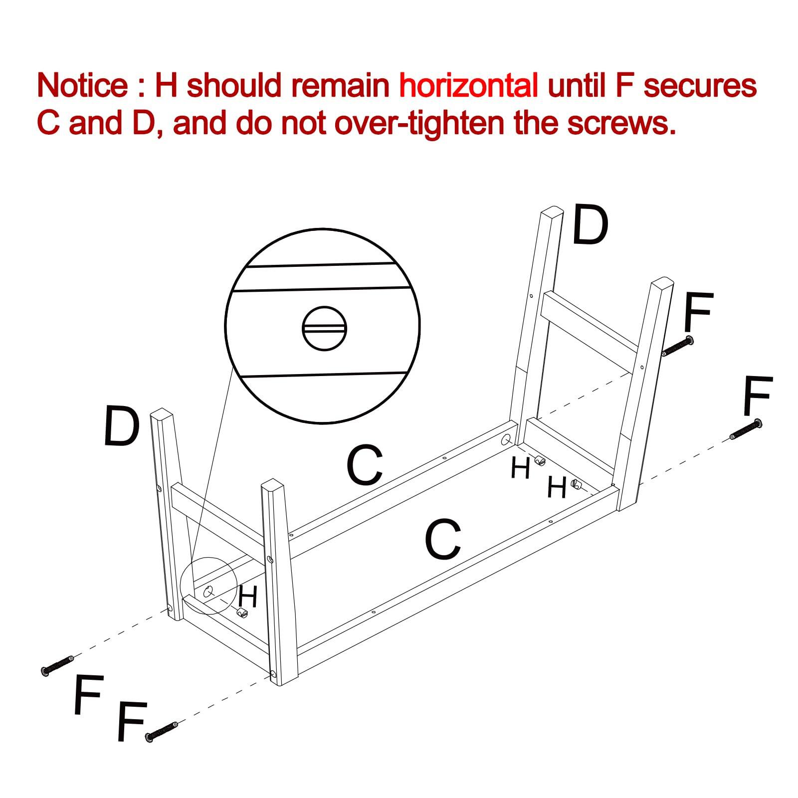 Notice: H should remain horizontal until F secures C and D, and do not over-tighten the screws.