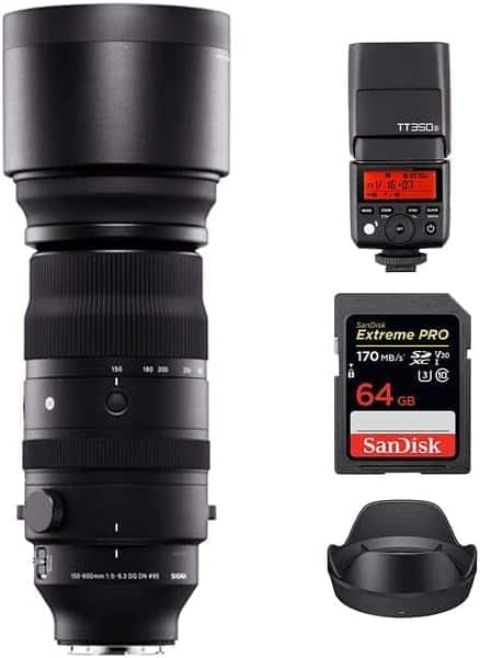 Sigma 150 600mm f/5 6.3 DG DN OS Lens for Sony E +Godox Flash +