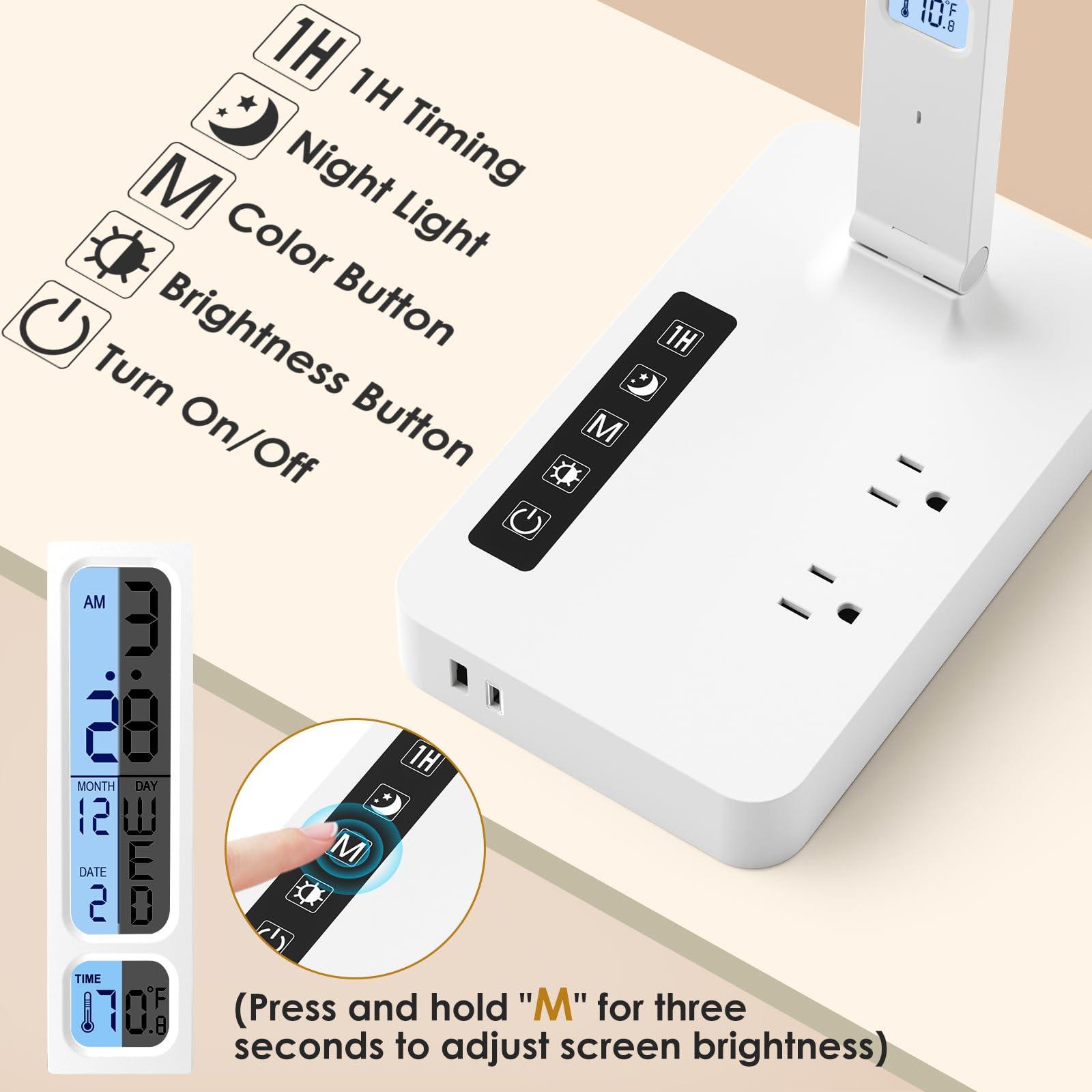 & HTF F 10.B 1H 1H M Night Timing Color Light G Brightness Button 1H Turn On/Off Button M O G AM 3 1. 1H MONTH DAY 12 E M DATE 2 2) TIME 1706 (Press and hold "M" for three seconds to adjust screen brightness)