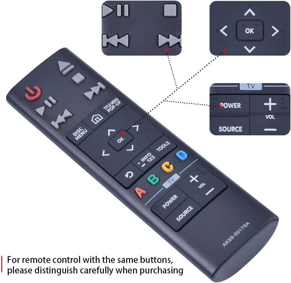 OK TV POP-UP DISC MENU OK TOOLS INFO 123 TV + VOL POWER SOURCE

For remote control with the same buttons, please distinguish carefully when purchasing

POWER + VOL SOURCE AK59-00179A