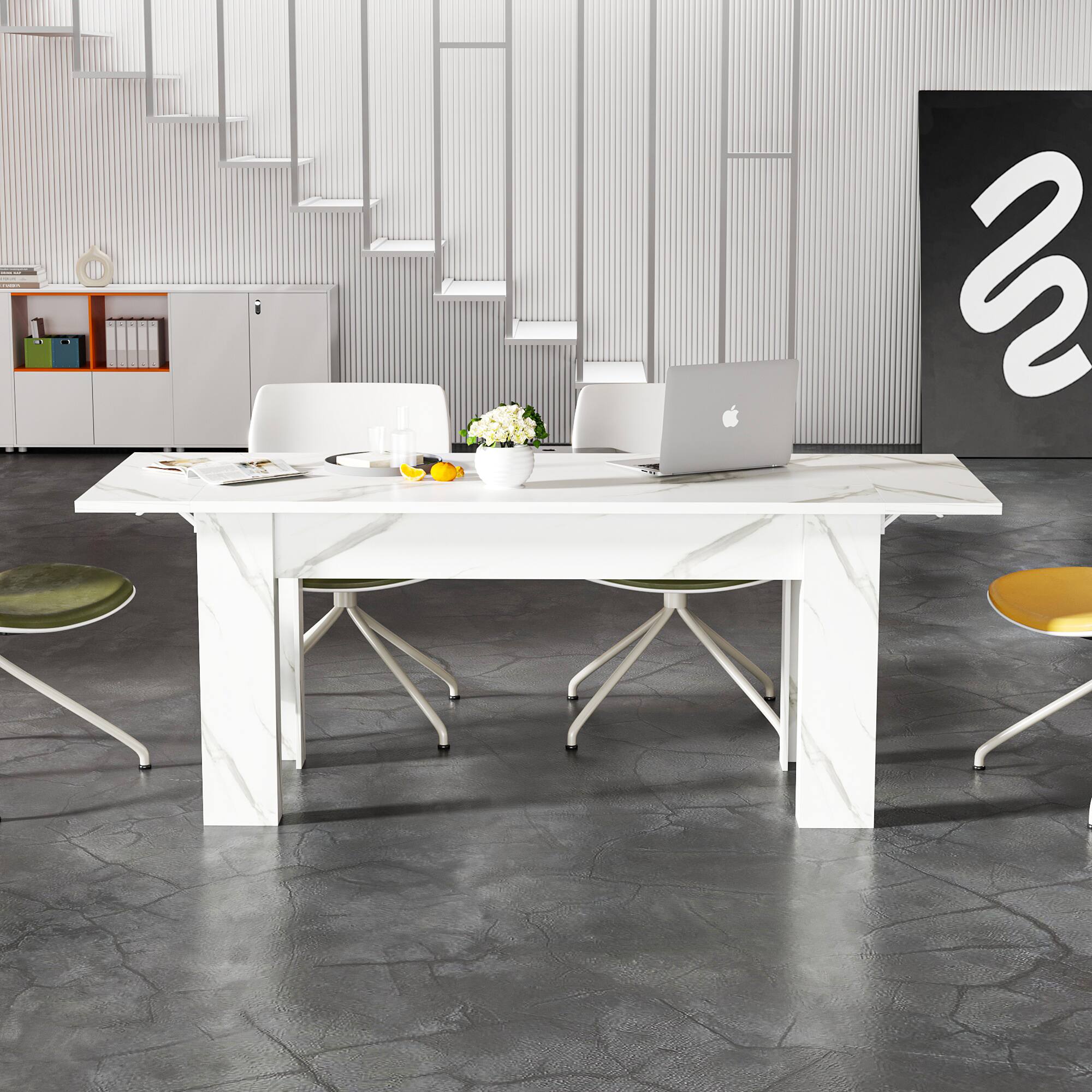 Back. FUFU&GAGA - Extendable Multifunctional Table with Press-to-Expand Design, Convertible Dining and Work Desk with Faux Stone Top - Marble White.