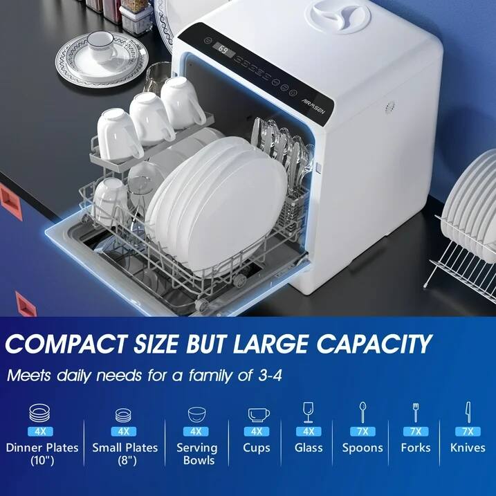 COMPACT SIZE BUT LARGE CAPACITY
Meets daily needs for a family of 3-4
4X Dinner Plates (10")
4X Small Plates (8")
4X Serving Bowls
4X Cups
7X Glass
7X Spoons
7X Forks
7X Knives