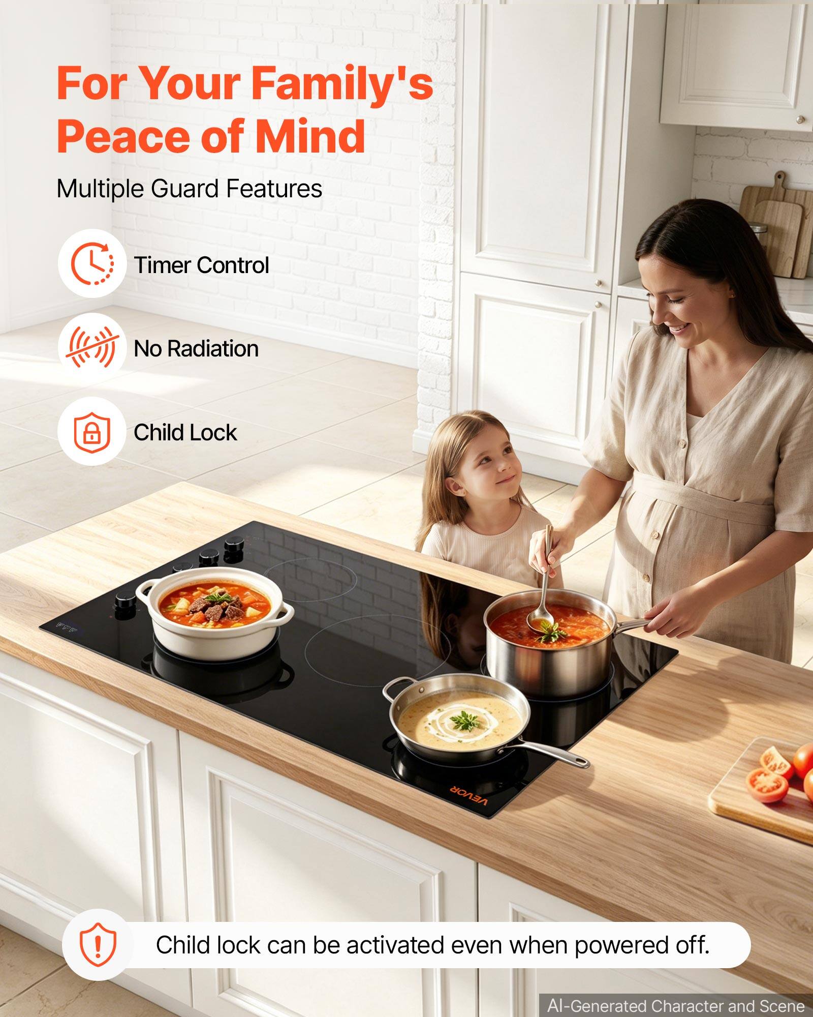 For Your Family's Peace of Mind  
Multiple Guard Features  
- Timer Control  
- No Radiation  
- Child Lock  

Child lock can be activated even when powered off.  

AI-Generated Character and Scene