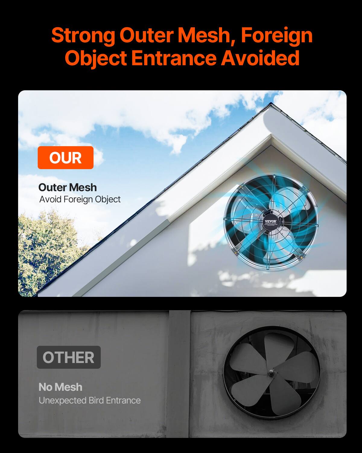 Strong Outer Mesh, Foreign Object Entrance Avoided

OUR  
Outer Mesh  
Avoid Foreign Object

OTHER  
No Mesh  
Unexpected Bird Entrance