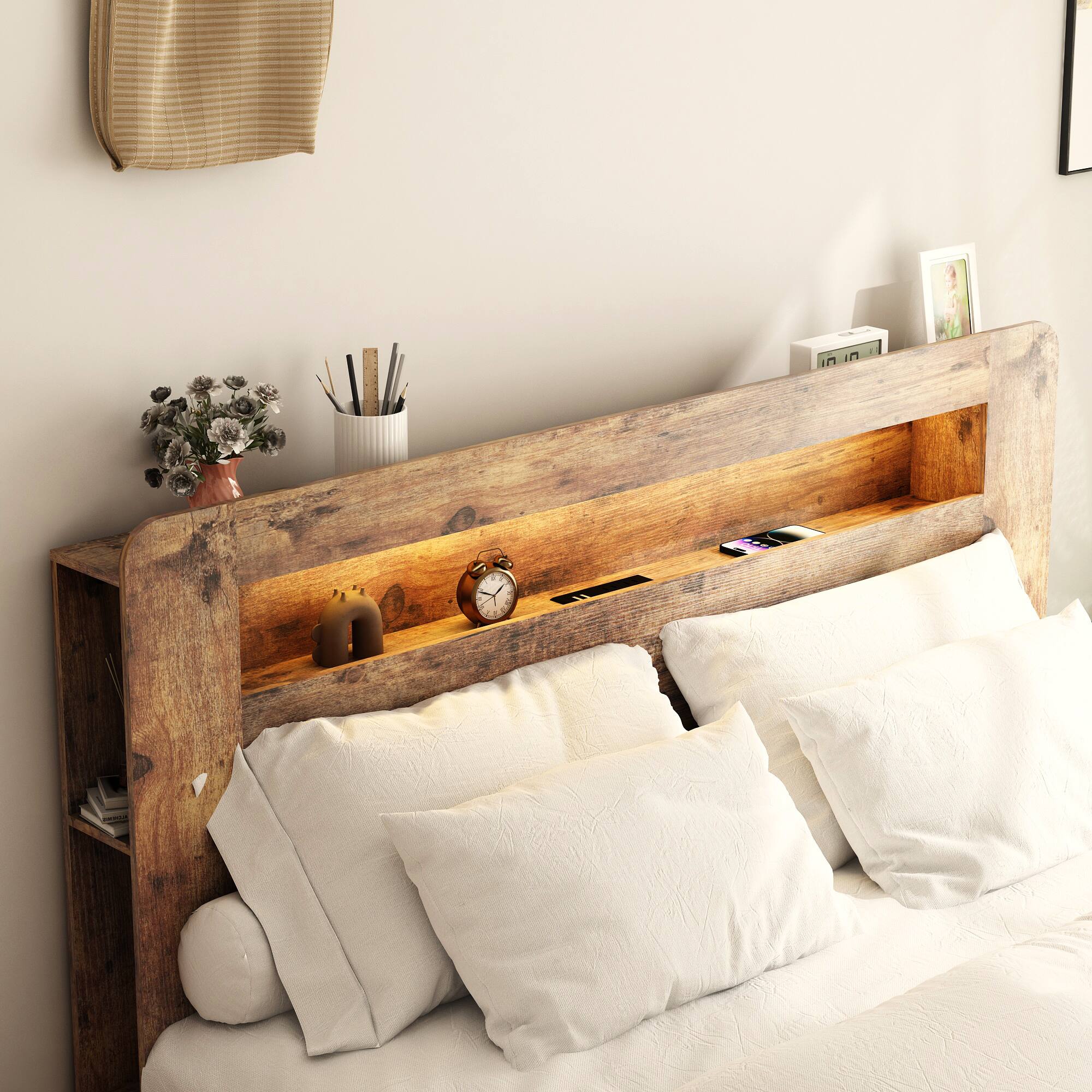 Left. LUCKY ONE - Queen Size Wood Bed Frame with Storage LED Light Headboard and 2 USB - Dark Brown.