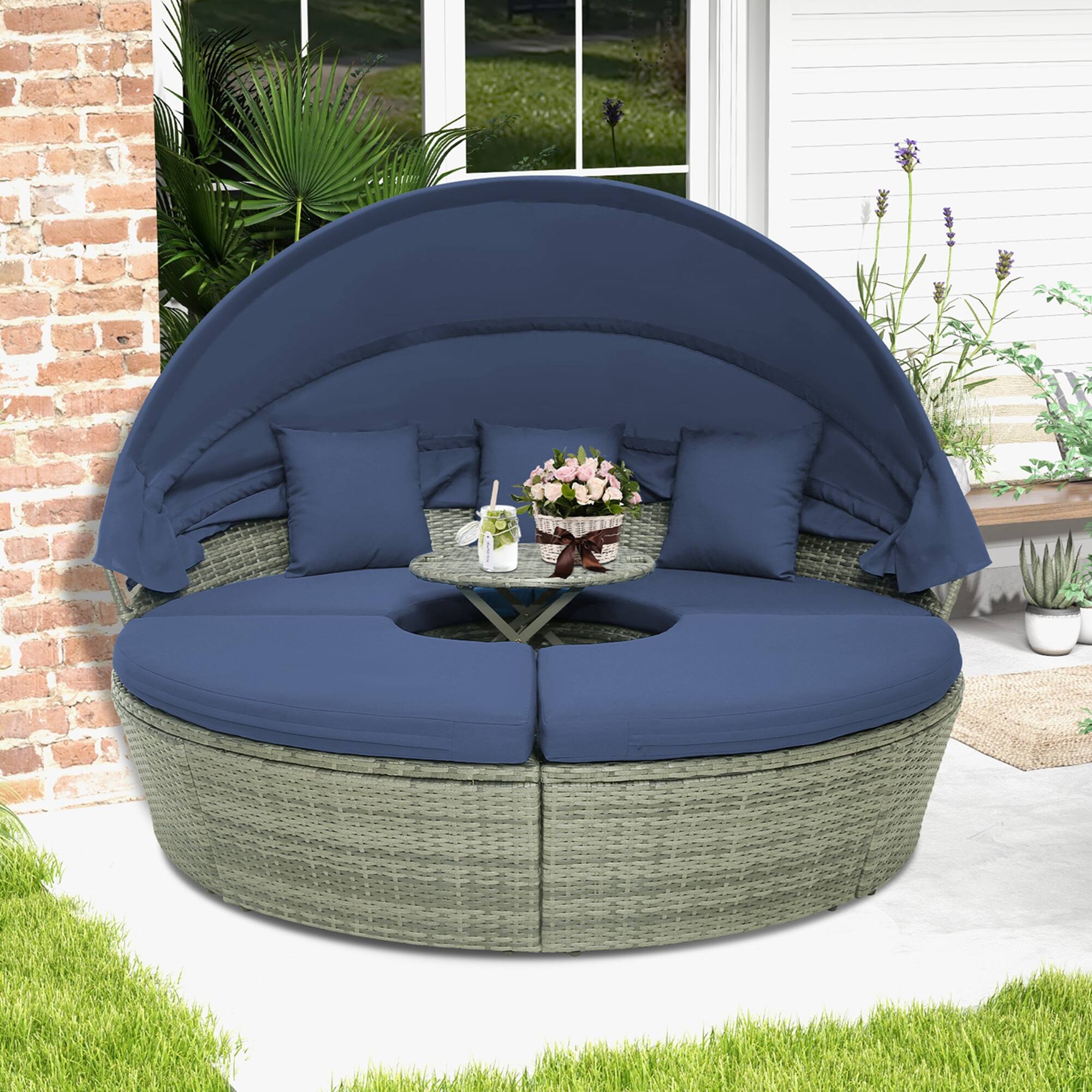 Alt View 1. Costway - Patio Rattan Daybed Outdoor Sectional Seating with Side Table & Retractable Canopy - Mix Grey/Navy.