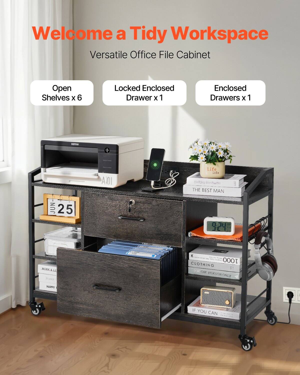 Welcome a Tidy Workspace  
Versatile Office File Cabinet  

Open Shelves x 6  
Locked Enclosed Drawer x 1  
Enclosed Drawers x 1  

Life Life  
THE BEST MAN  
CLOTHING FOR ONE PERSON ONLY  
IF YOU CAN  
WORK & LEISURE  
HAPPY
