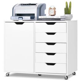 Costway - 5-Drawer Chest Rolling Storage Dresser Lateral File Cabinet with Adjustable Shelf - White