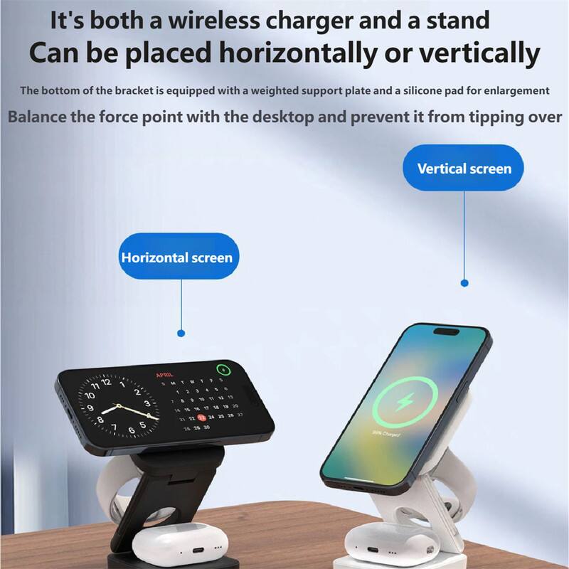 It's both a wireless charger and a stand.  
Can be placed horizontally or vertically.  

The bottom of the bracket is equipped with a weighted support plate and a silicone pad for enlargement.  
Balance the force point with the desktop and prevent it from tipping over.  

Horizontal screen  
Vertical screen