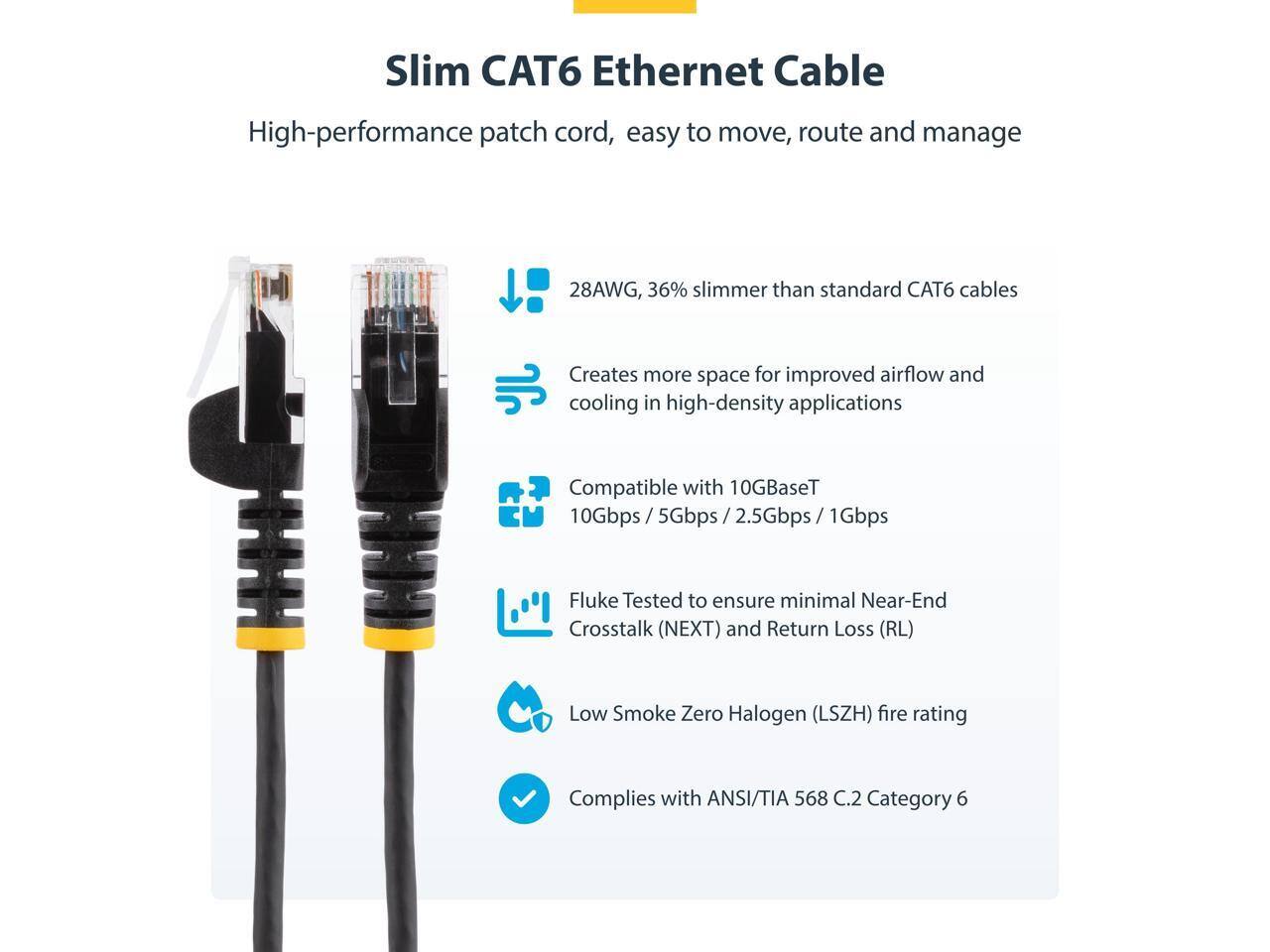 Slim CAT6 Ethernet Cable

High-performance patch cord, easy to move, route and manage

- 28AWG, 36% slimmer than standard CAT6 cables
- Creates more space for improved airflow and cooling in high-density applications
- Compatible with 10GBaseT 10Gbps/5Gbps/2.5Gbps/1Gbps
- Fluke Tested to ensure minimal Near-End Crosstalk (NEXT) and Return Loss (RL)
- Low Smoke Zero Halogen (LSZH) fire rating
- Complies with ANSI/TIA 568 C.2 Category 6