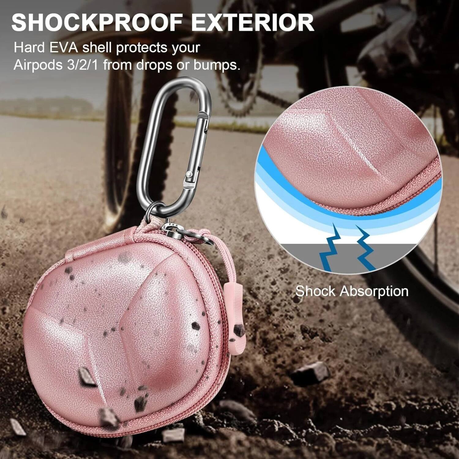 SHOCKPROOF EXTERIOR  
Hard EVA shell protects your Airpods 3/2/1 from drops or bumps.  
Shock Absorption