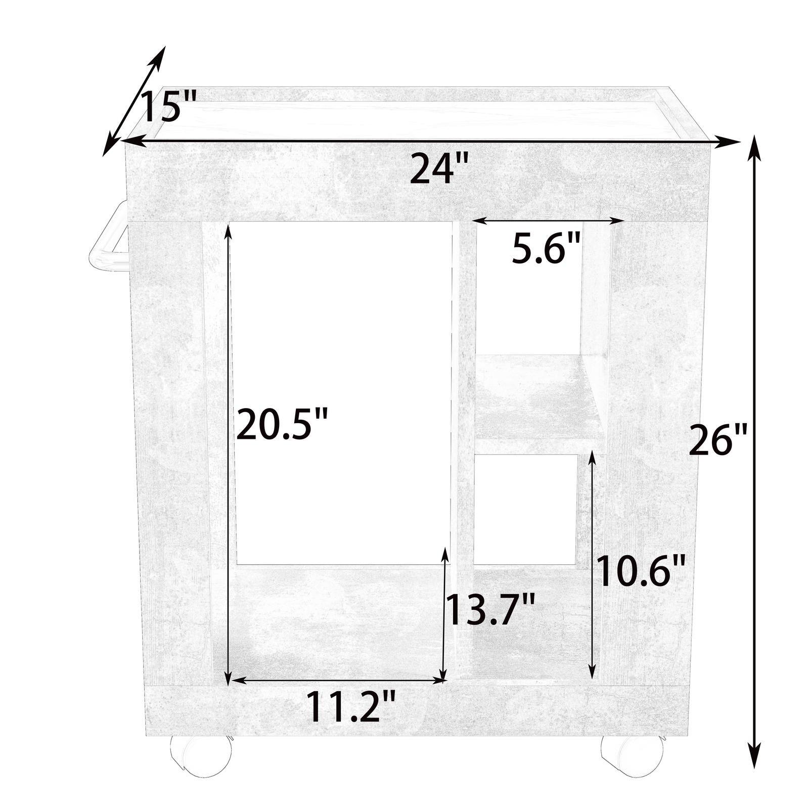 Sure, here is the corrected and grouped text from the image:

- Length: 24"
- Width: 15"
- Height: 26"
- Depth: 11.2"
- Inner Dimensions:
  - Length: 20.5"
  - Width: 13.7"
  - Height: 10.6"
- Additional Dimensions:
  - 5.6"