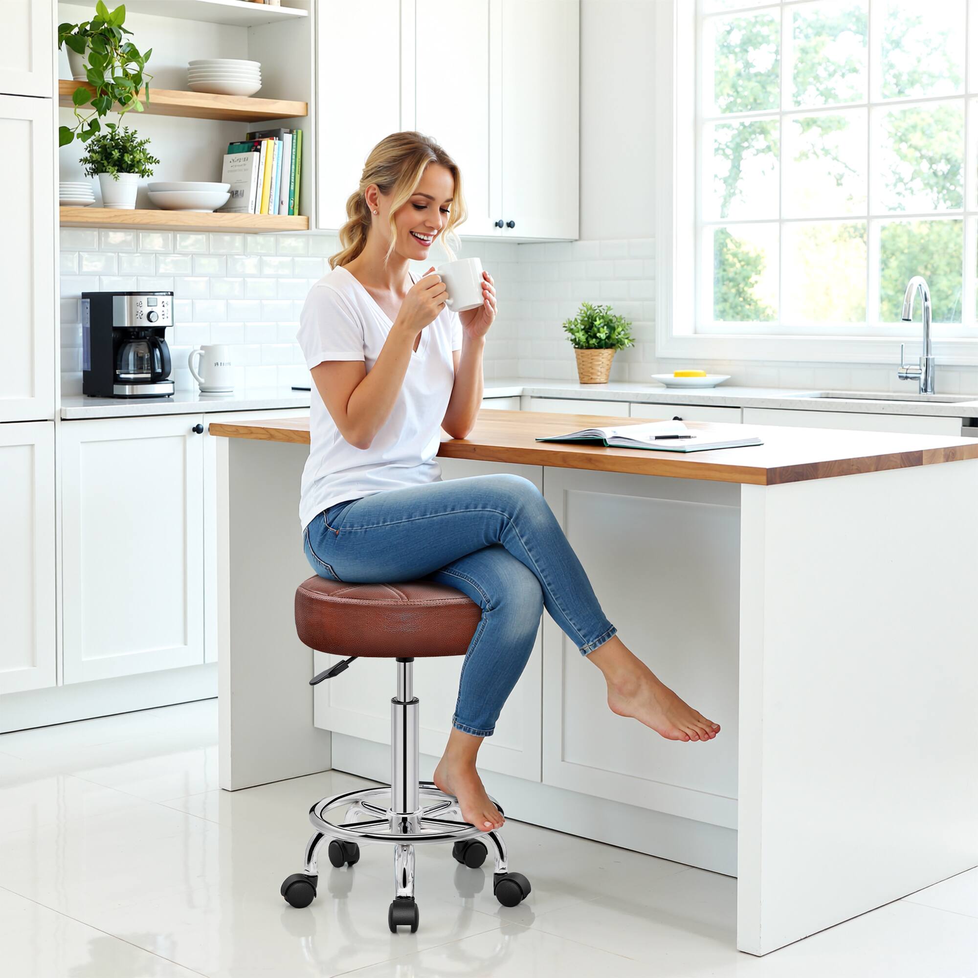 Alt View 8. Brick Attic - Rolling Stool with Wheels,PU Leather Small Office Chair with Foot Rest,Versatile Adjustable Swivel Stool for Office Home - Brown.