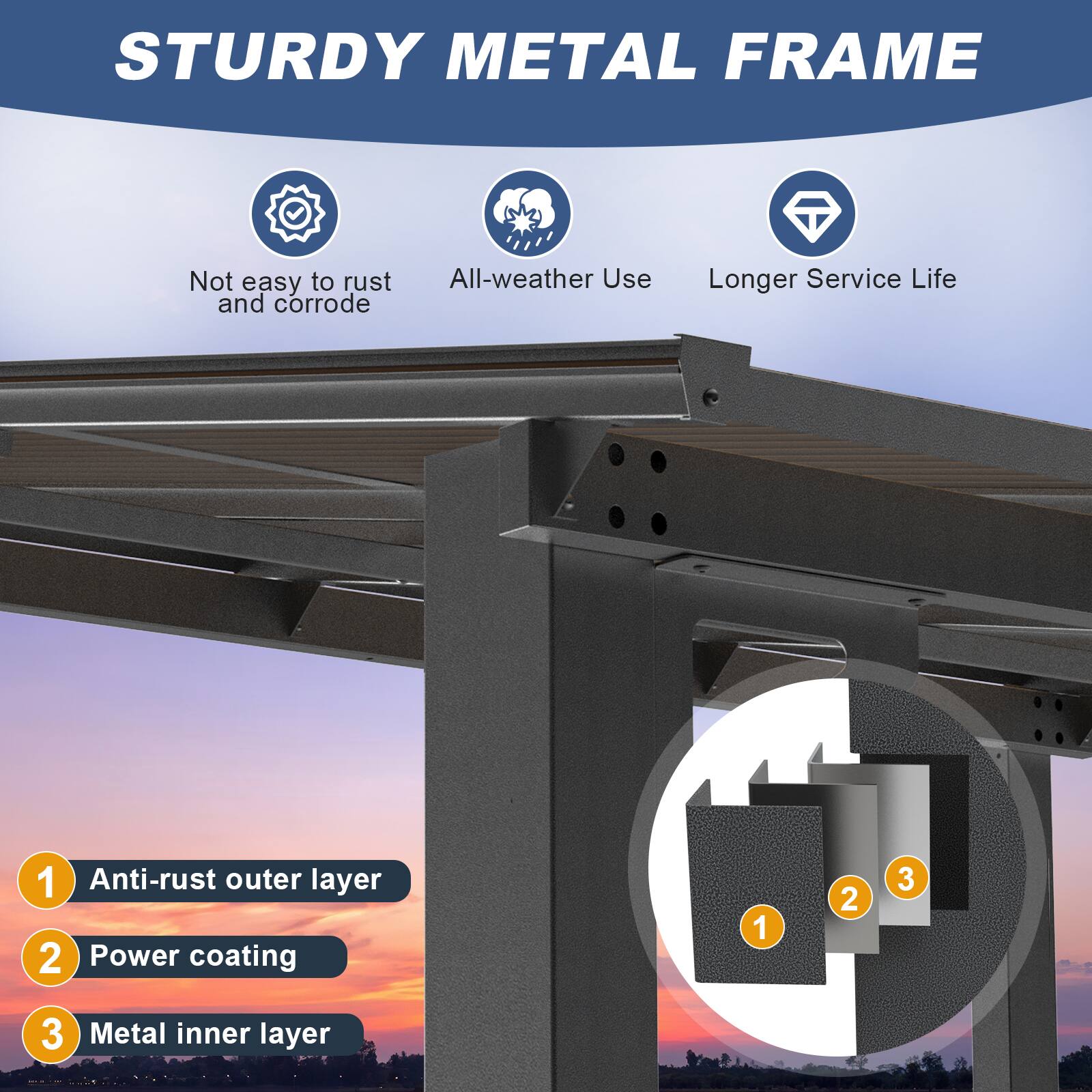STURDY METAL FRAME

- Not easy to rust and corrode
- All-weather Use
- Longer Service Life

1. Anti-rust outer layer
2. Power coating
3. Metal inner layer