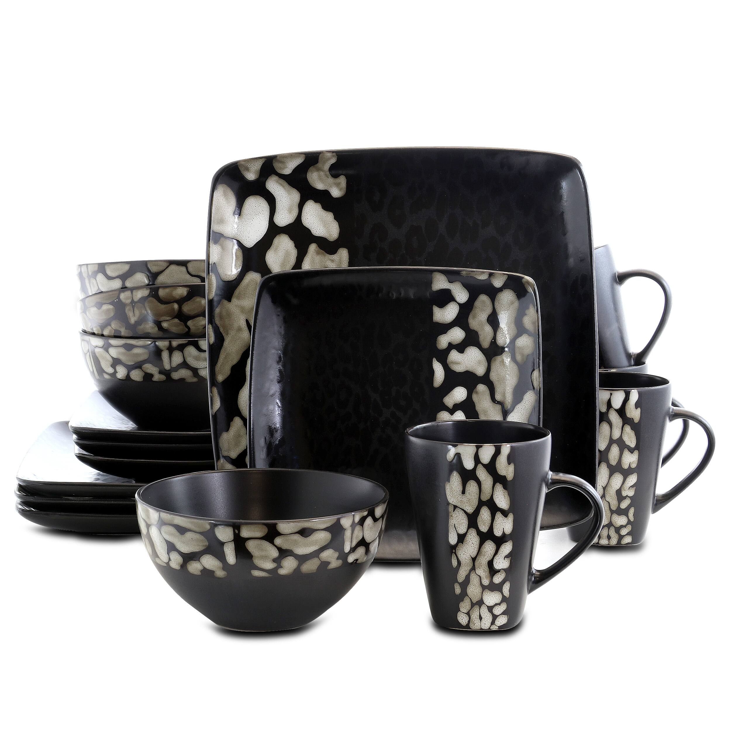 Front. Elama - Elama Savannah 16 Piece Stoneware Dinnerware Set - Black and Taupe.