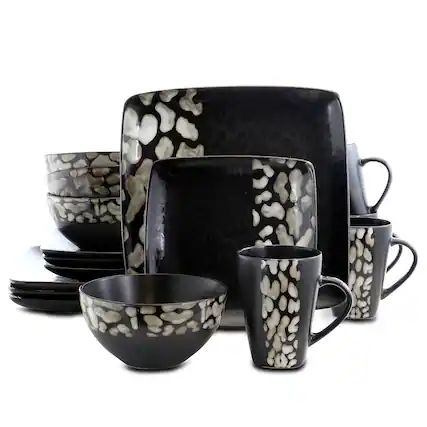 Front. Elama - Elama Savannah 16 Piece Stoneware Dinnerware Set - Black and Taupe.