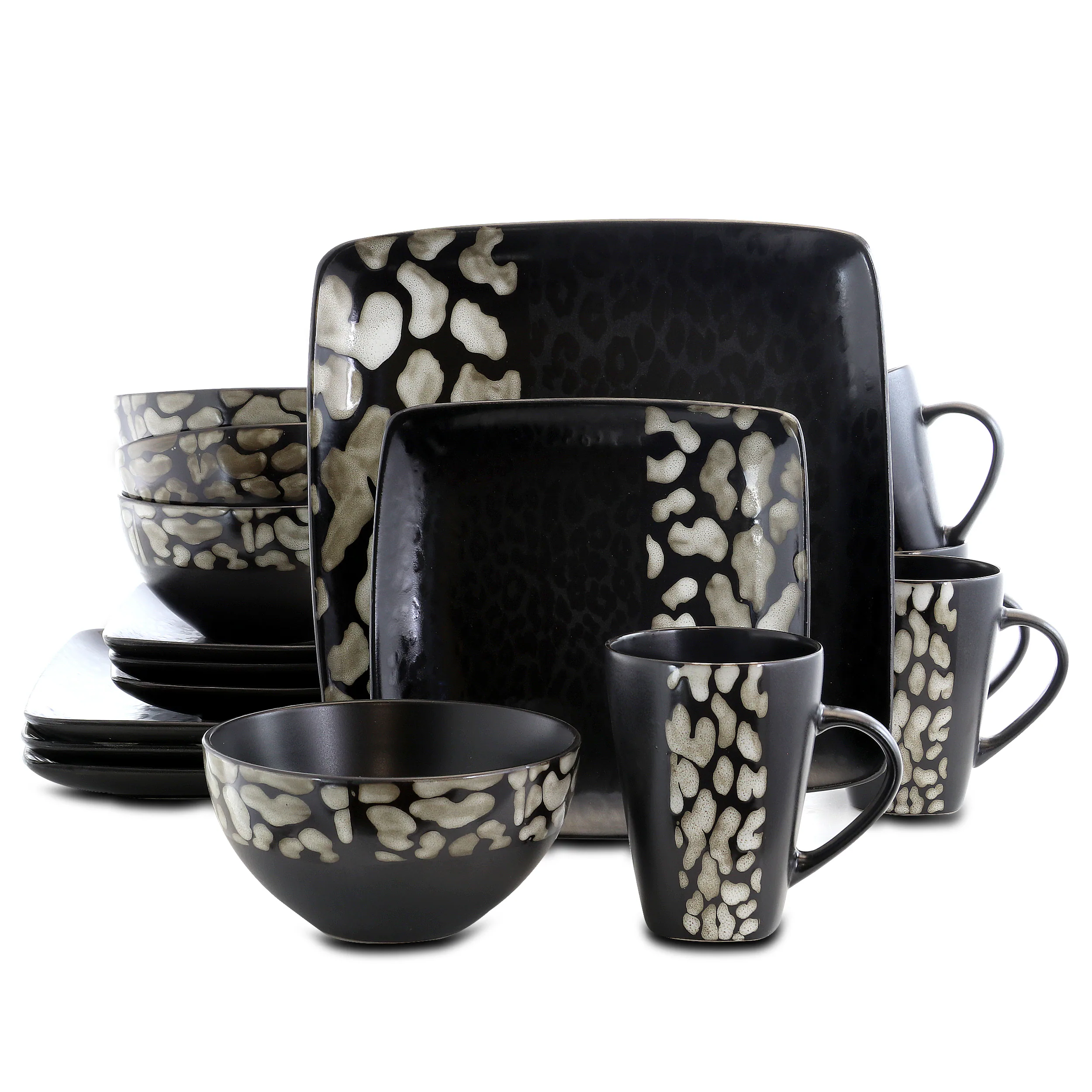 Elama - Savannah 16 Piece Stoneware Dinnerware Set - Black and Taupe