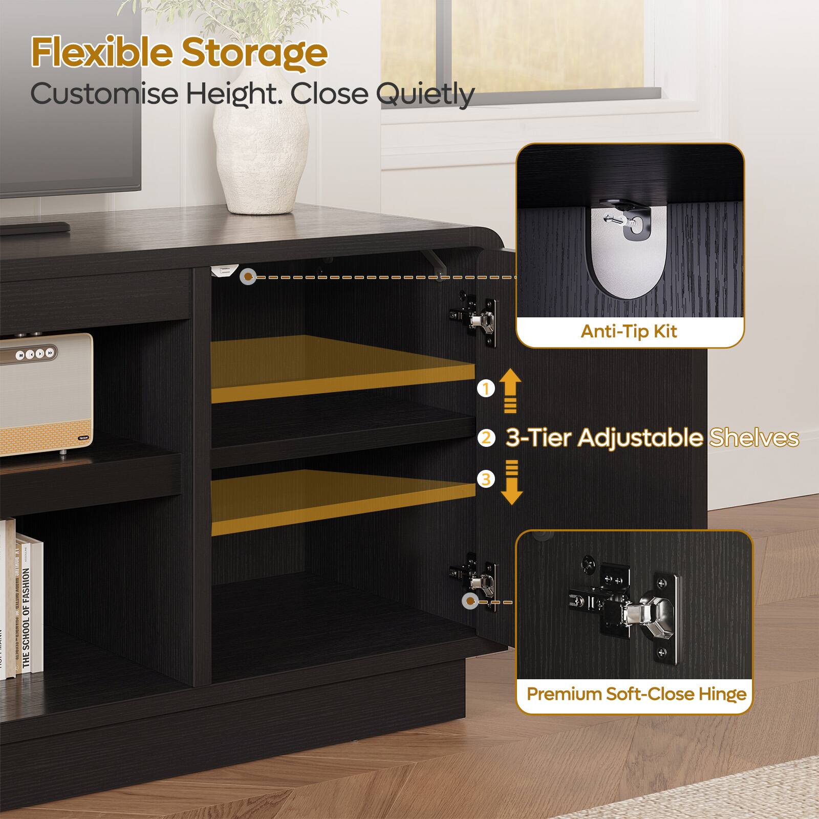 Flexible Storage  
Customise Height. Close Quietly  

1. Anti-Tip Kit  
2. 3-Tier Adjustable Shelves  
3. Premium Soft-Close Hinge