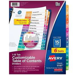 Avery - Ready Index Table of Contents Paper Dividers, 1-15 Tabs, 6 Sets/Pack - Multicolor