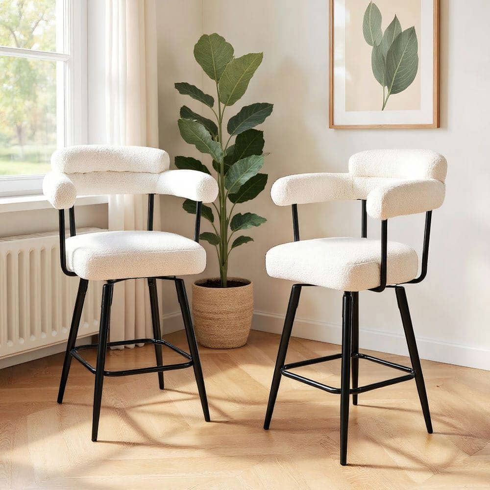 Kadyn - Set of 2 Swivel Counter-Height Barstools with Curved Back and Arms, and Black - White