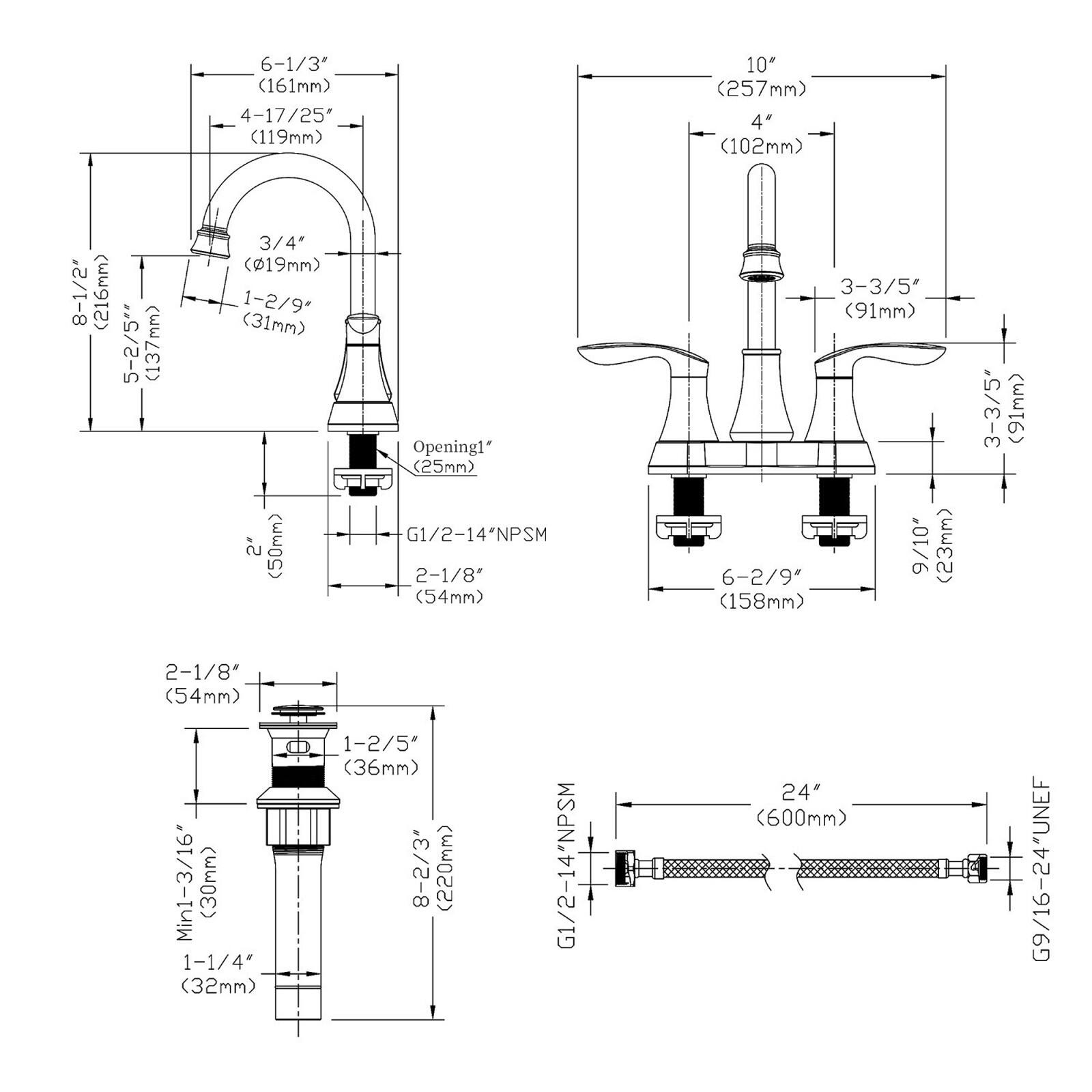 Here is the corrected and grouped text from the image:

- 6-1/3" (161mm)
- 4-17/25" (119mm)
- 8-1/2" (216mm)
- 5-2/5" (137mm)
- 3/4" (19mm)
- 1-2/9" (31mm)
- 2" (50mm)
- Opening1* (25mm)
- G1/2-14NPSM
- 2-1/8" (54mm)
- 3-3/5" (91mm)
- 6-2/9" (158mm)
- 9/10* (23mm)
- 3-3/5" (91mm)
- 2-1/8" (54mm)
- Min1-3/16* (30mm)
- 1-1/4" (32mm)
- 1-2/5" (36mm)
- 8-2/3" (220mm)
-