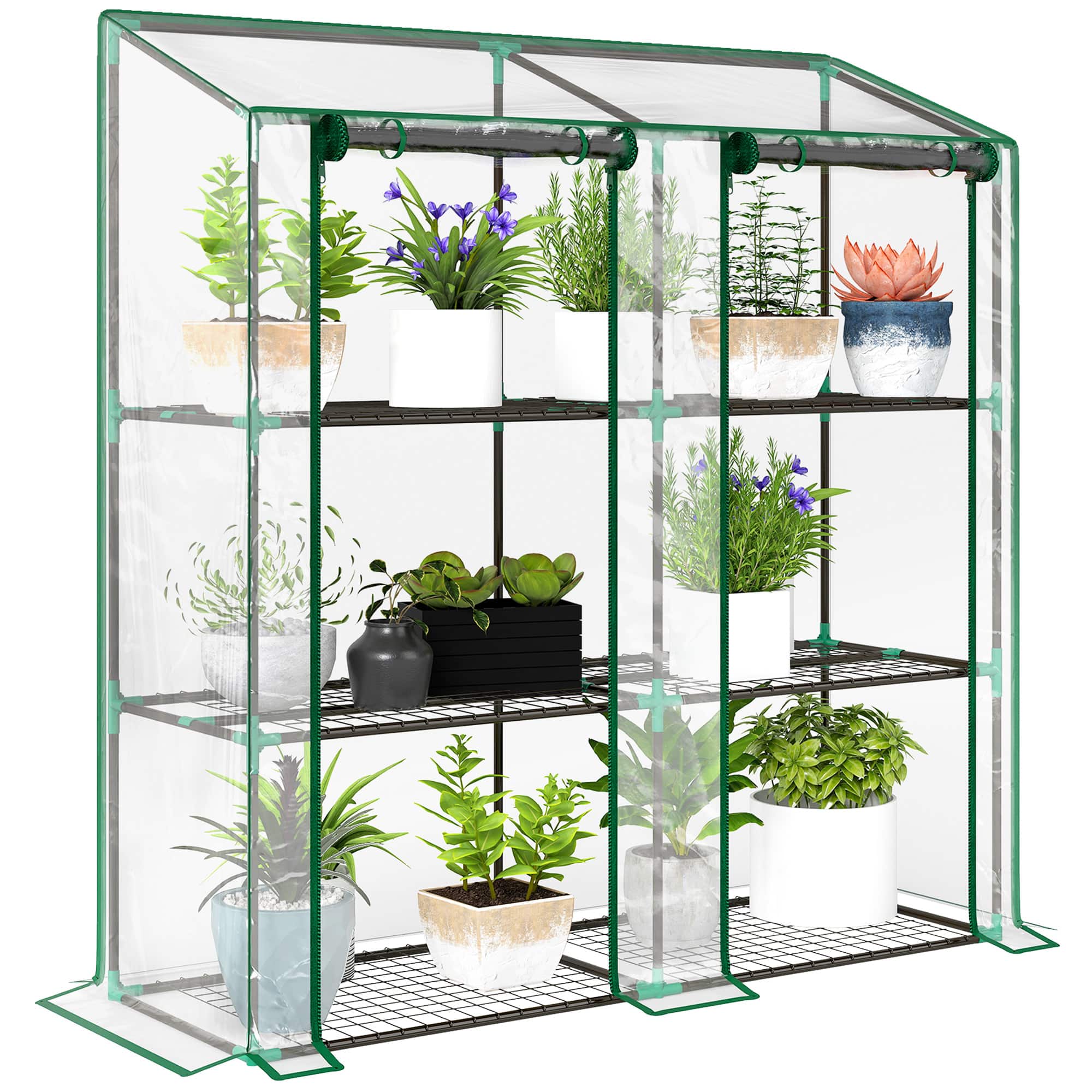 Outsunny - Lean-to Greenhouse with 3 Tier Shelves, 56.3" x 18.1" x 59.4" Portable Small Greenhouse with 2 Roll-Up Zippered Doors