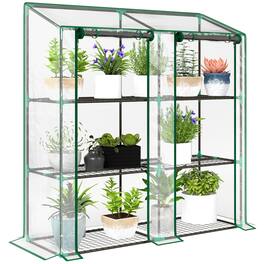 Outsunny - Lean-to Greenhouse with 3 Tier Shelves, 56.3" x 18.1" x 59.4" Portable Small Greenhouse with 2 Roll-Up Zippered Doors