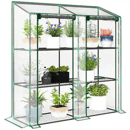 Front. Outsunny - Lean-to Greenhouse with 3 Tier Shelves, 56.3" x 18.1" x 59.4" Portable Small Greenhouse with 2 Roll-Up Zippered Doors.