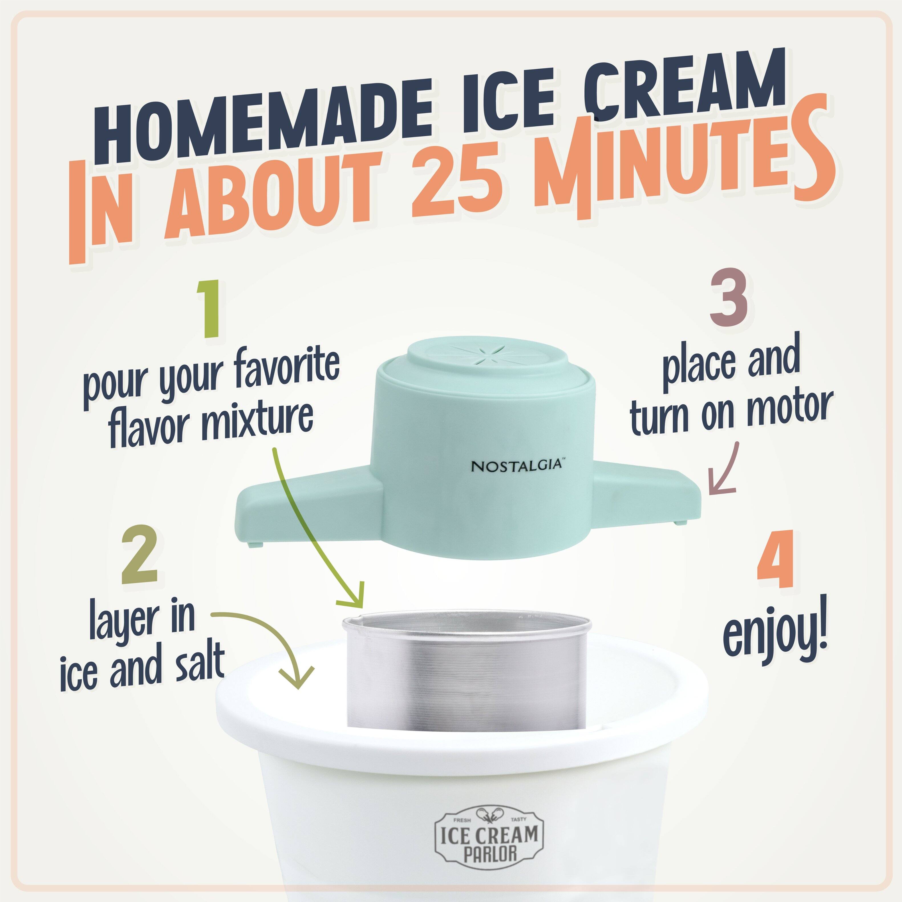 HOMEMADE ICE CREAM IN ABOUT 25 MINUTES

1. pour your favorite flavor mixture
2. layer in ice and salt
3. place and turn on motor
4. enjoy!
