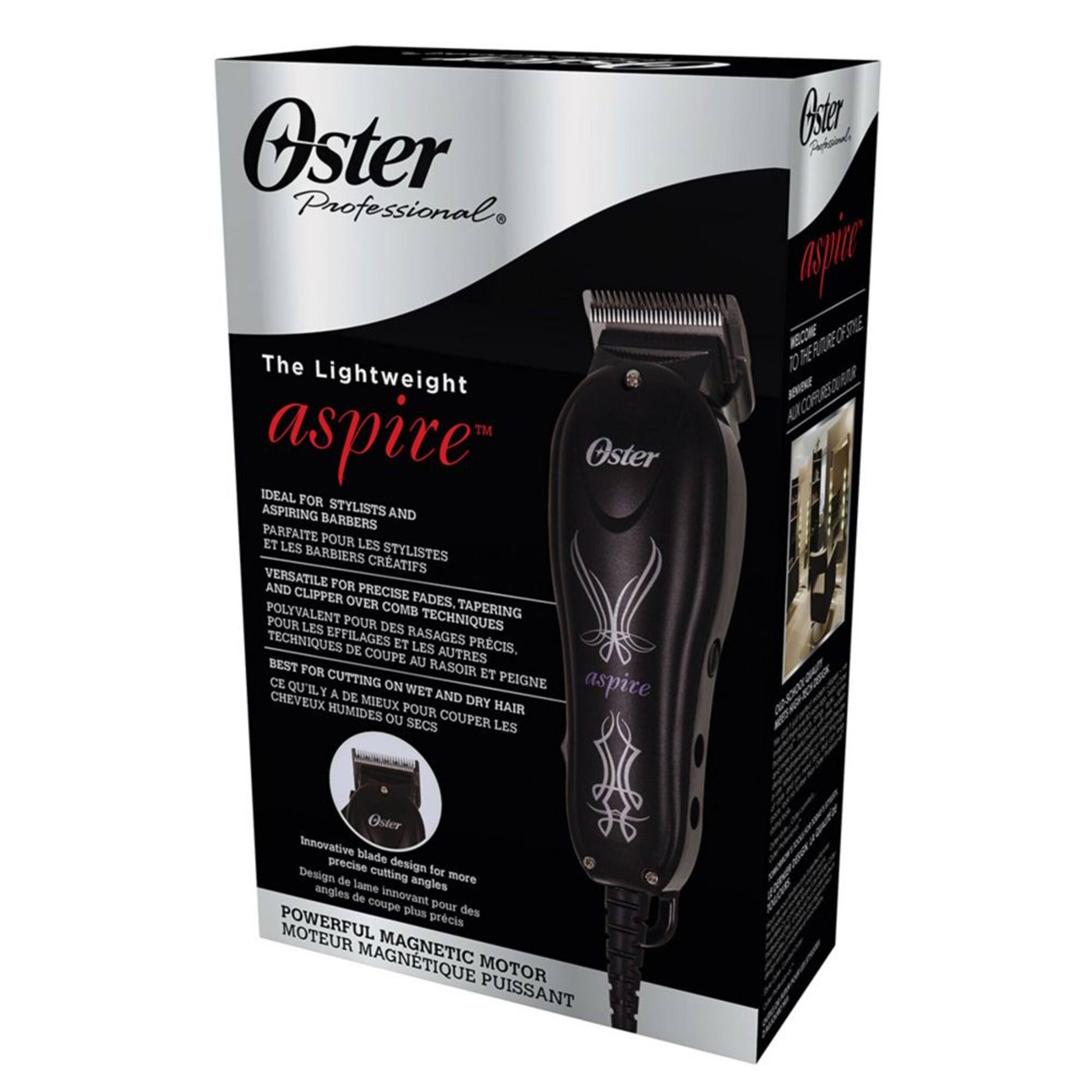 Oster Professional The Lightweight aspire™ IDEAL FOR ASPIRING STYLISTS AND BARBERS PARFAITE POUR LES STYLISTES CRATIFS VERSATILE FOR CLIPPER PRECISE FADES. OVER COMB TAPERING POLYVALENT POUR LES TECHNIQUES EFFILAGES ET RASAGES PRCIS. DE COUPE LES AUTRES BEST FOR CUTTING ON WET AND DRY HAIR CE QU'ILY A DE CHEVEUX MIEUX POUR HUMIDES OU SECS. Oster aspire™ Z7 Oster Innovative blade design for more precise cutting angles de coupe innovant POWERFUL MOTOR MAGNETIC PUISSANT