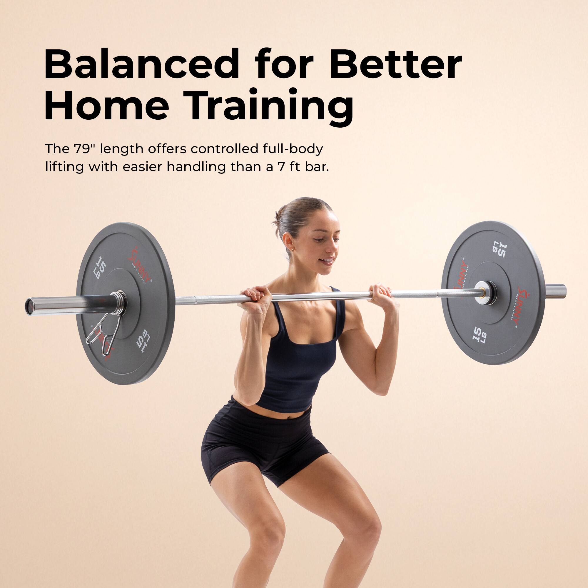 Balanced for Better Home Training

The 79" length offers controlled full-body lifting with easier handling than a 7 ft bar.