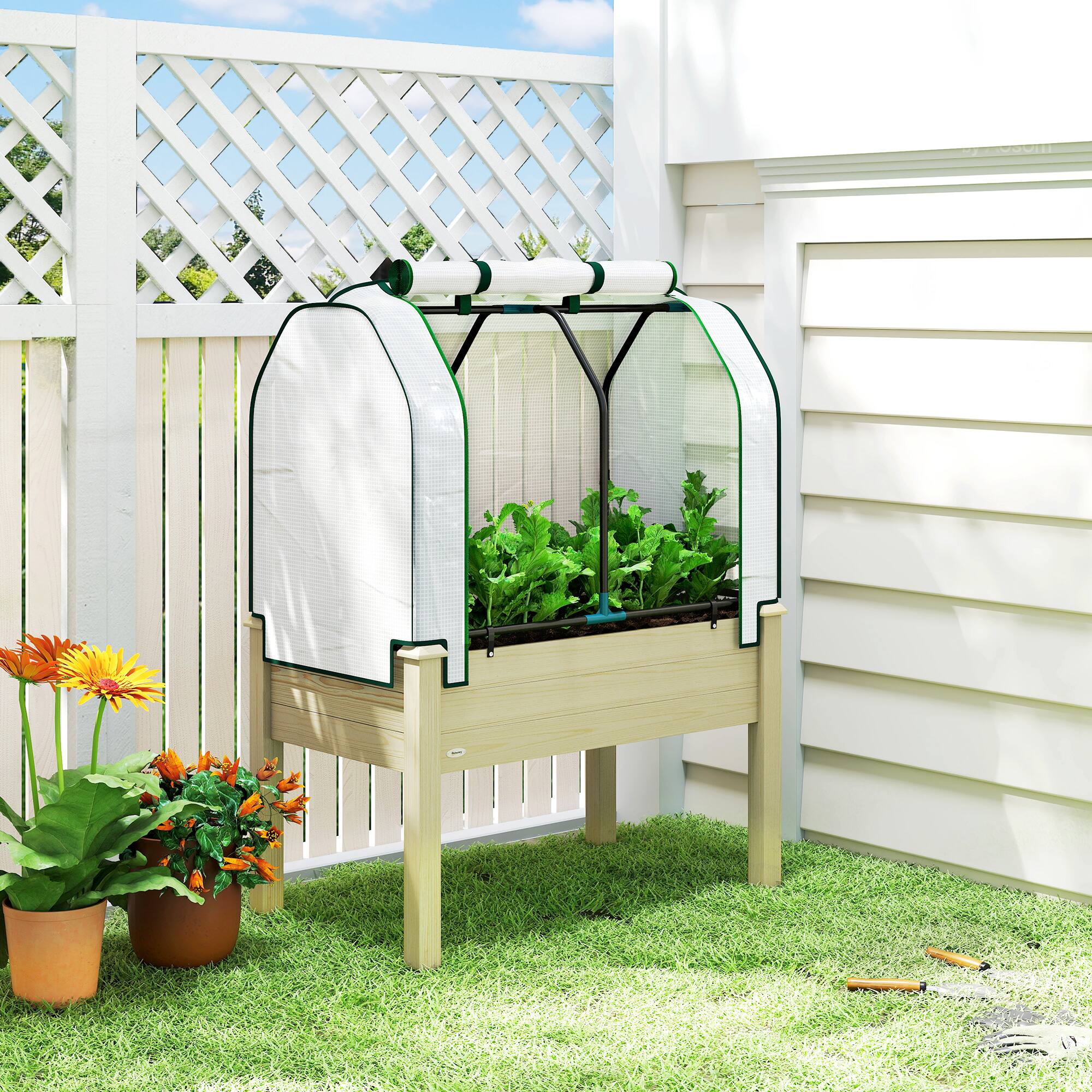 Alt View 1. Outsunny - Raised Garden Bed with PE Greenhouse Cover Outdoor Elevated Wood Planter Box for Herbs and Vegetables.