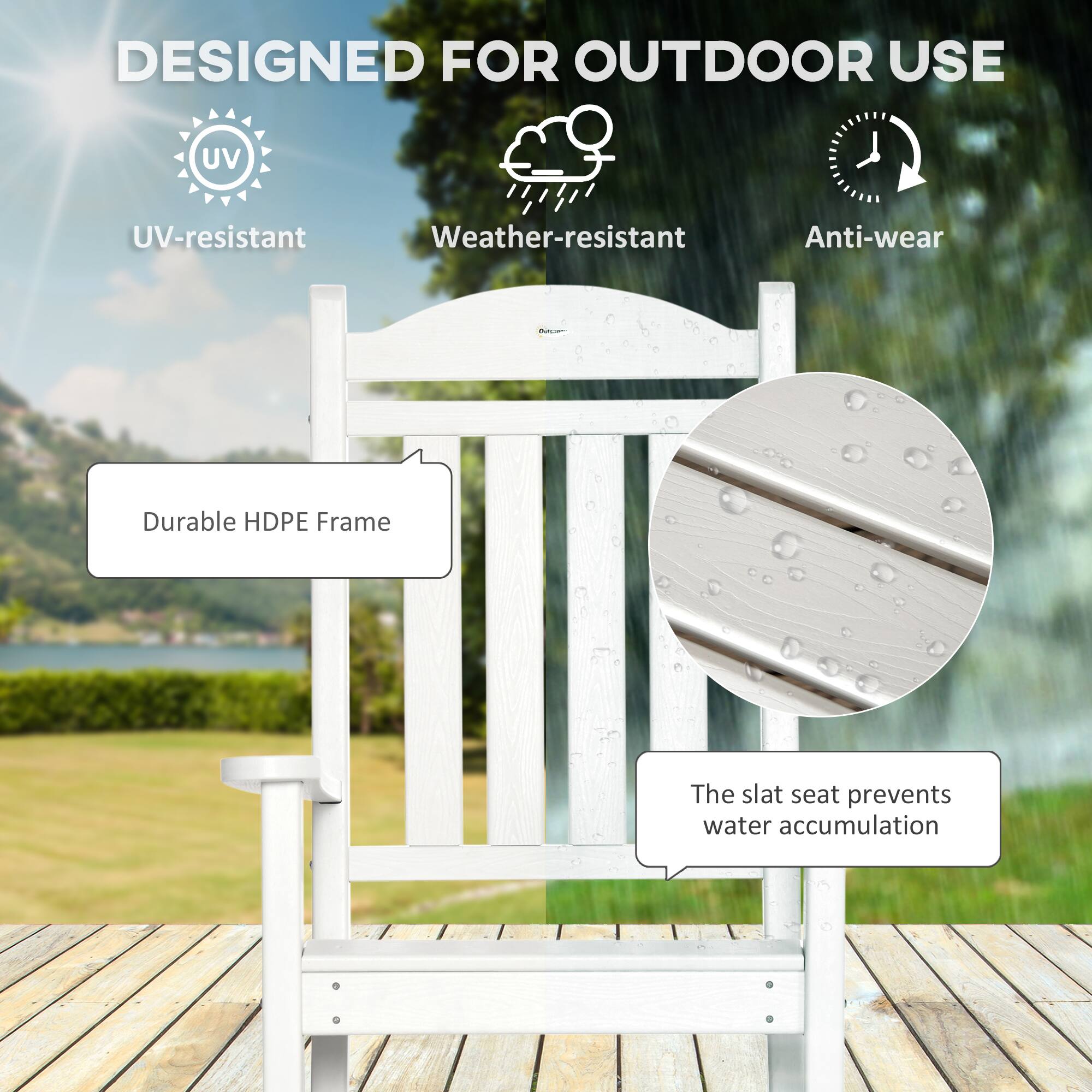 DESIGNED FOR OUTDOOR USE

UV-resistant
Weather-resistant
Anti-wear
Durable HDPE Frame
The slat seat prevents water accumulation