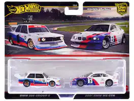 Hot Wheels - BMW 320 Group 5 #12 White with Stripes and 2001 BMW M3 GTR #3 White with Stripes "Car Culture" Set of 2 Cars - White, Blue, Red