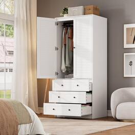 GARVEE - Modern Wooden Armoire Wardrobe Closet w/ 3 Drawers and 2 Doors, Wardrobe Cabinets for Hanging Clothes - White